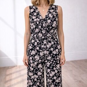 CHAUS NEW YORK Floral Jumpsuit Black Pink Sleeveless Wide Leg Women's Size L NWT